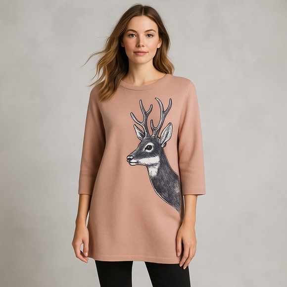 Sweaters - NEW Wool Pink Novelty Whimsical Deer Woodland 3/4 Sleeve Crew Neck Cozy Sweater